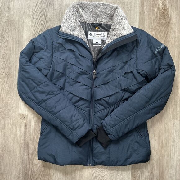Columbia Womens Large Blue Puffer Jacket Omni-Heat Interchange Fleece Collar - Picture 1 of 13